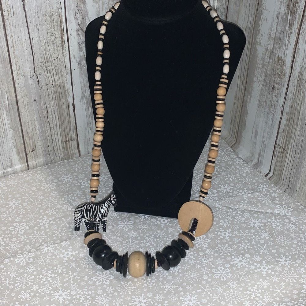 Vintage Wood Hand Carved Zebra Bead Necklace 29”‎